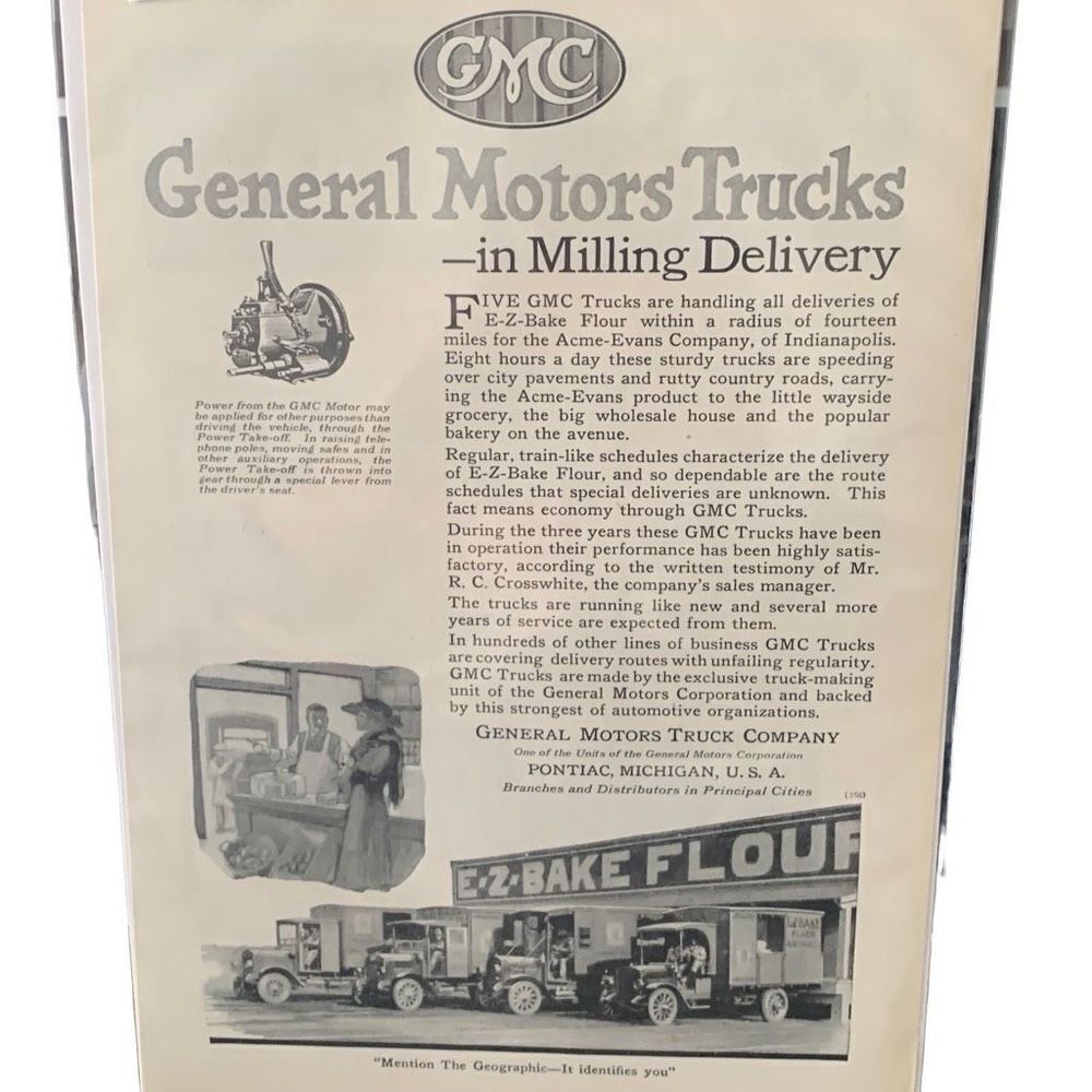 Vintage 1920 GMC General Motors Trucks E-Z Bake Flour Milling Delivery Ad Advert
